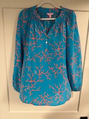 Lilly Pulitzer Turquoise Coral-Print Peasant Tunic